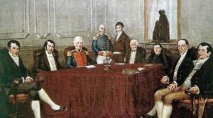 La primera junta de gobierno, presidida por Cornelio Saavedra